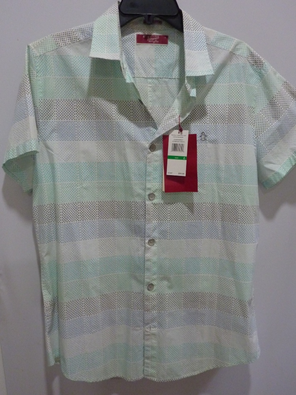 Penguin Munsingwear Mens SIZE L Button Front Short Sleeve Shirt Pastel Plaid NEW